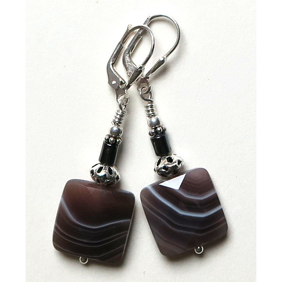 Boucles d'oreilles Agate marron et blanc et Argent