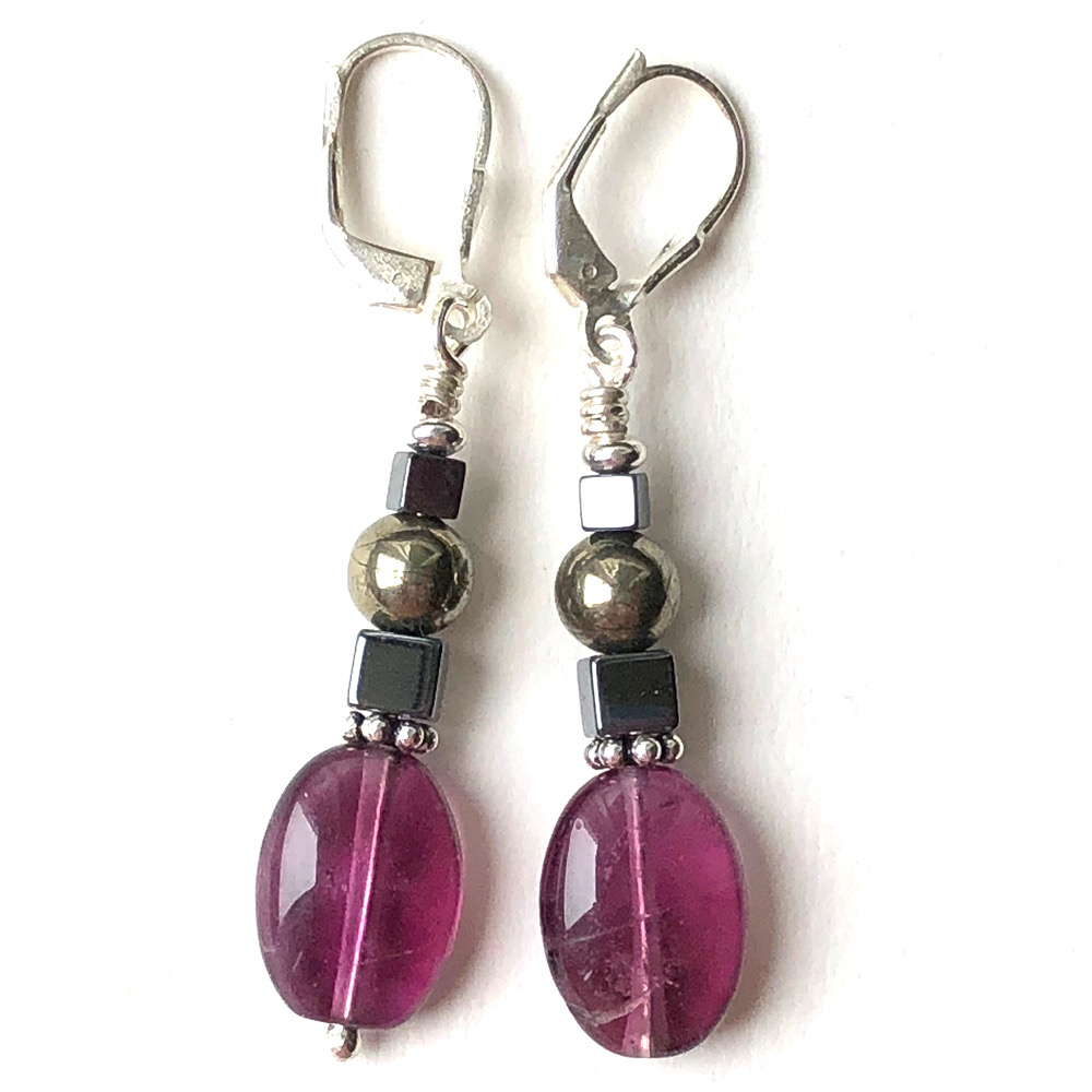 Boucles d'oreilles Fluorite, Pyrite, Hématite et Argent