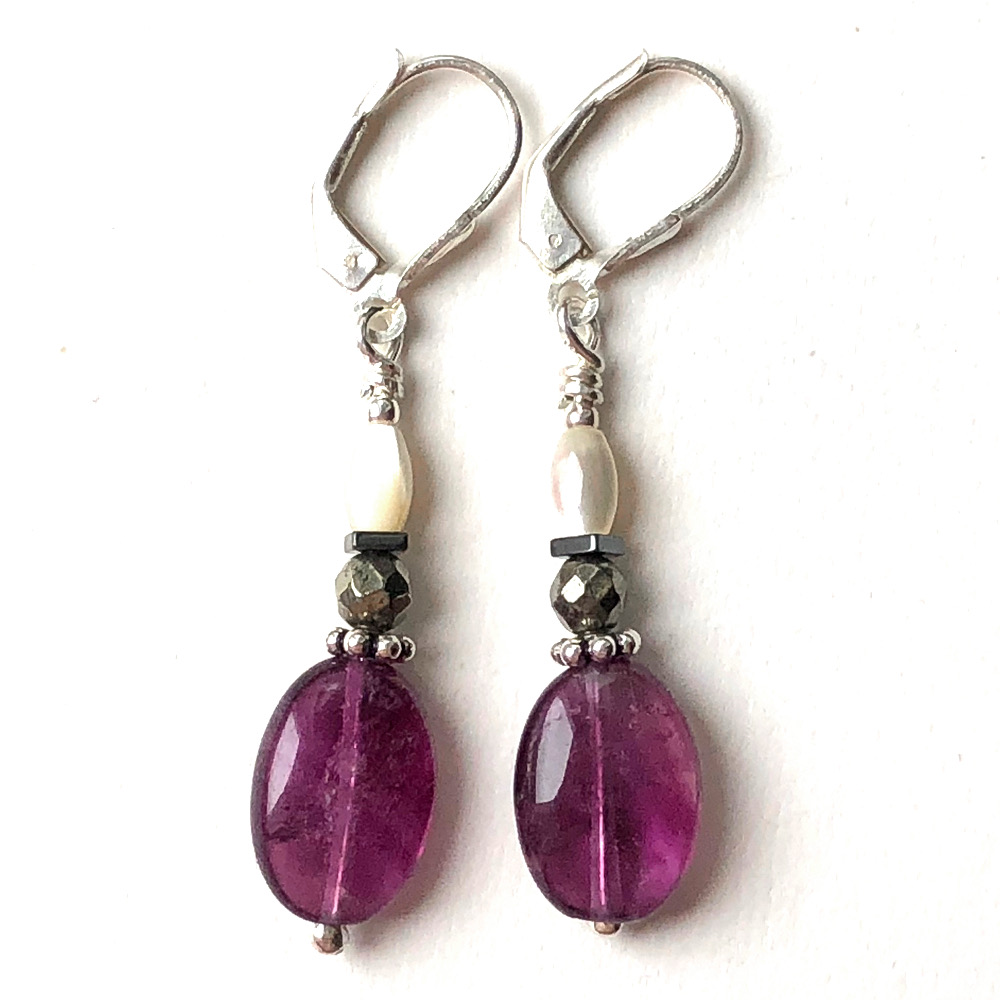 Boucles d'oreilles Fluorite, Pyrite, Nacre et Argent