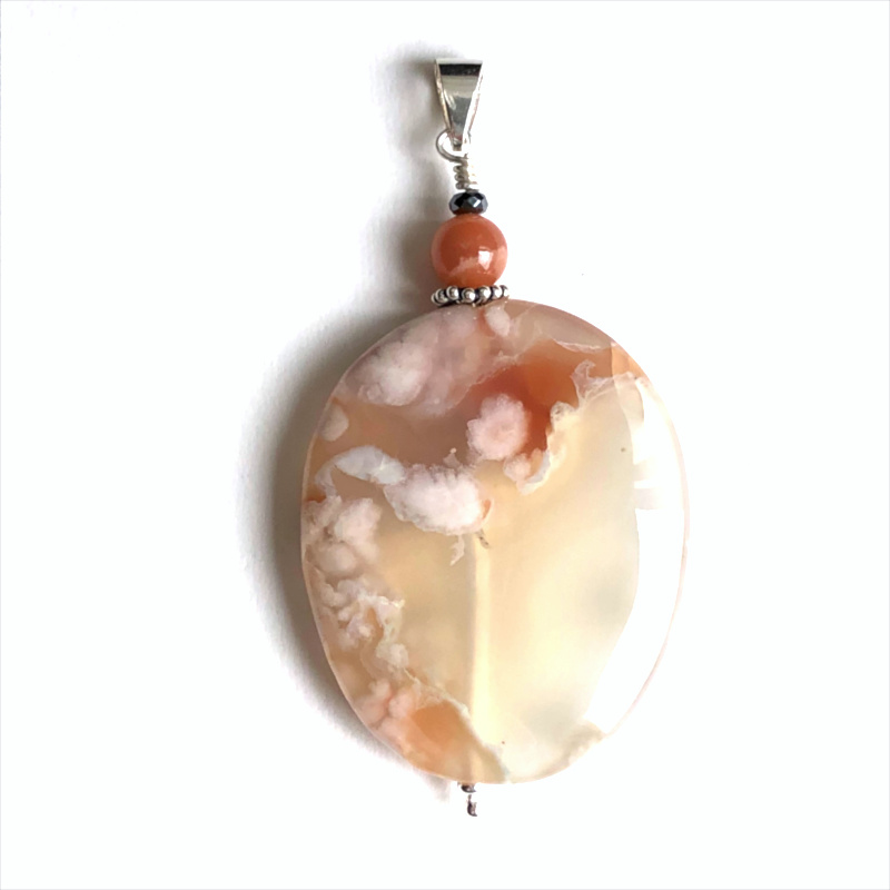 Pendentif Agate Fleur rose et Argent