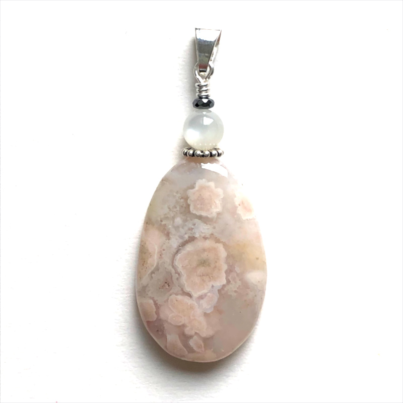Pendentif Agate Fleur Rose Et Argent