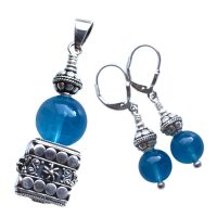 Parure - Pendentif et Boucles d'oreilles Calcédoine bleu intense et Argent